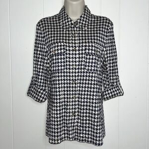J. McLaughlin Silk Shirt Size M Houndstooth Gold Buttons Roll Tab Sleeve Stretch